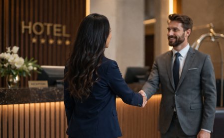 Donna e uomo si stringono la mano davanti alla reception dell'hotel, insegna visibile