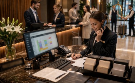 Receptionist al banco che parla al telefono e prende appunti, ospiti al banco in background