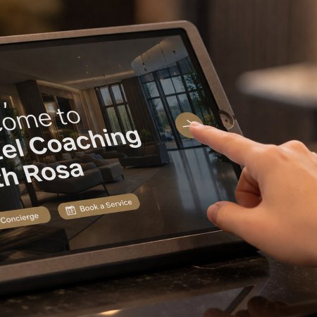 Mano che tocca tablet con messaggio di benvenuto per Hotel Coaching con Rosa